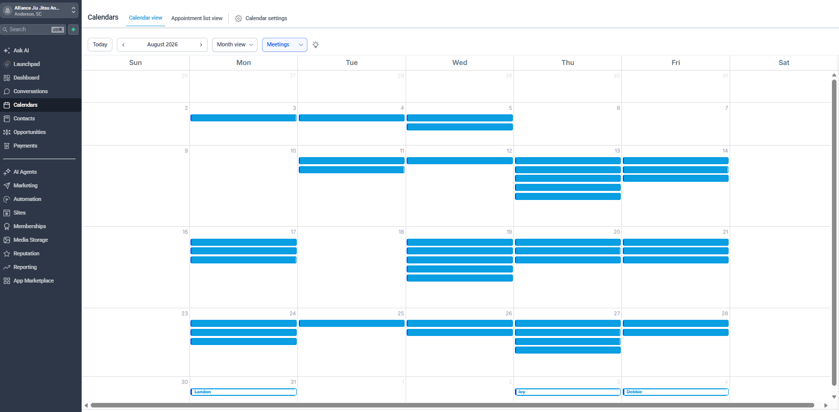 Alliance Jiu Jitsu booked trial calendar for August 2026