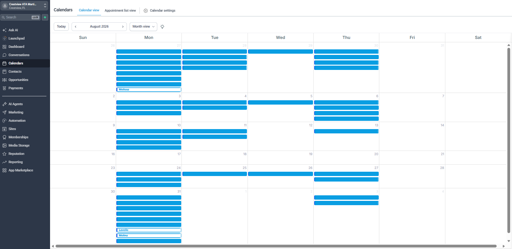 Crestview ATA booked trial calendar for August 2026