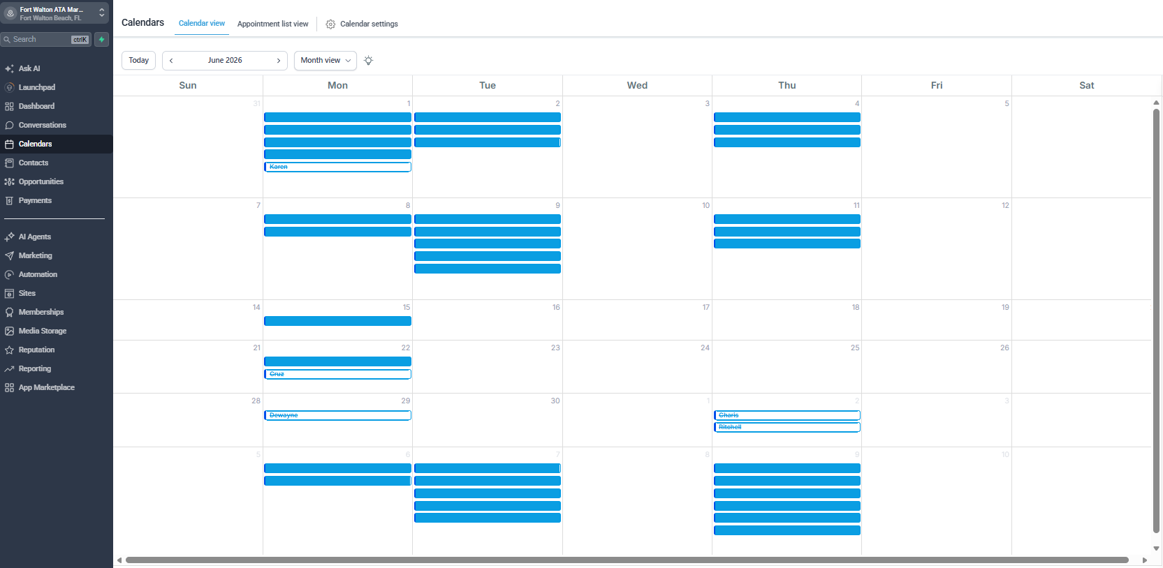 Fort Walton ATA booked trial calendar for June 2026