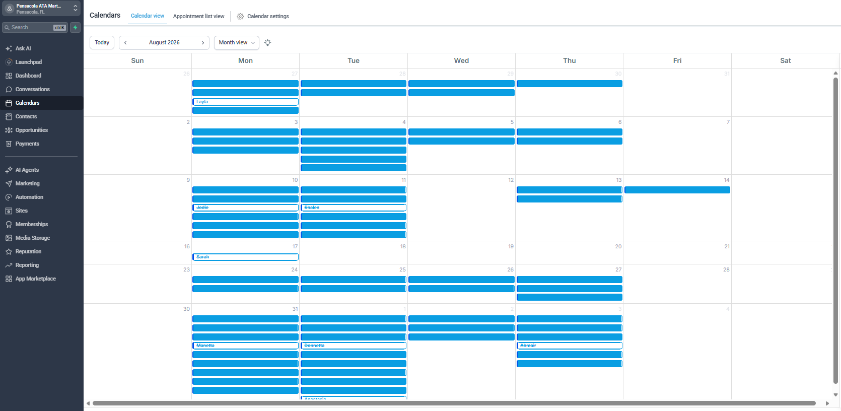 Pensacola ATA booked trial calendar for August 2026